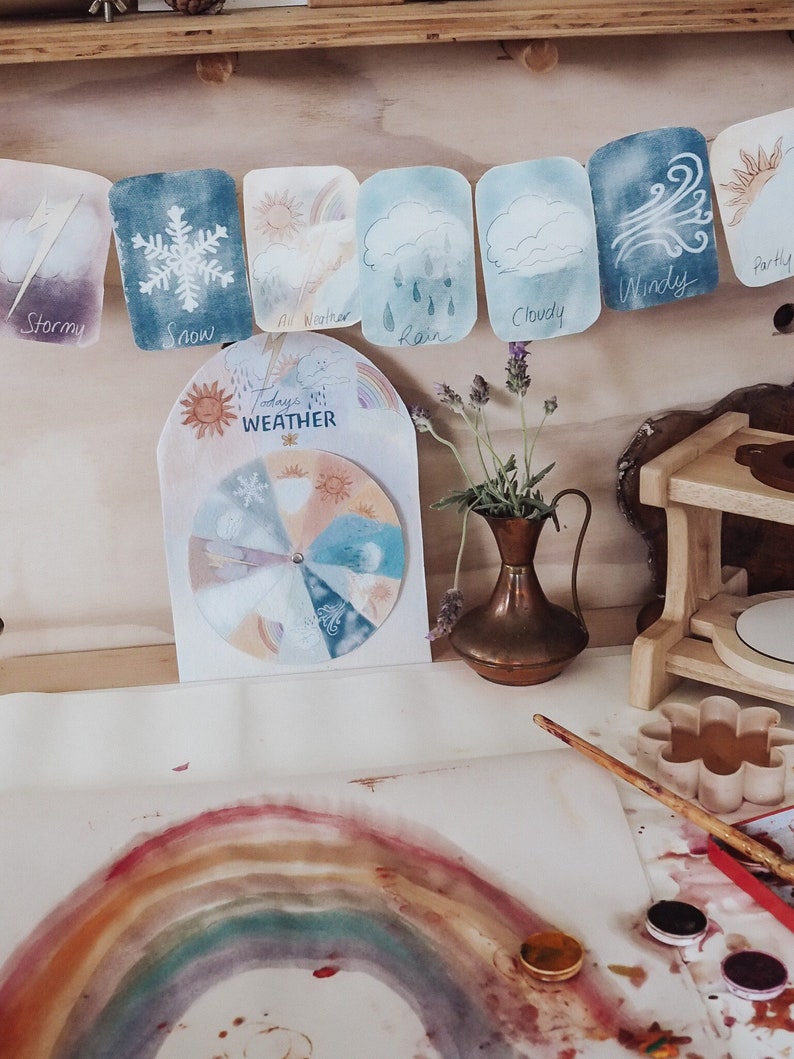 May include: A wooden weather wheel with a colorful illustration of different weather conditions, including sun, rain, snow, and wind. The wheel is surrounded by a white card with the text "Today's Weather". There is a rainbow painted on a white surface with paint pots and a paintbrush.