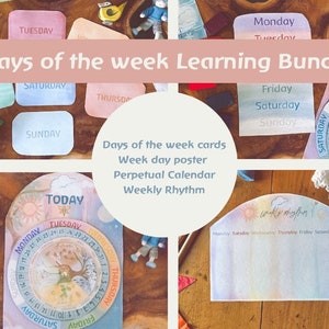 Lot d'apprentissage des jours de la semaine, calendrier perpétuel, cartes des jours de la semaine, apprentissage de la petite enfance, téléchargement imprimable, Waldorf, Steiner