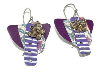 Earrings, funky, boho, purple,  butterfly, metal earrings