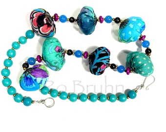 Shades of Teal fabric and beaded necklace