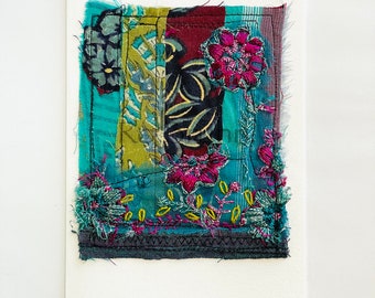 Hand made fabric, collage card or artwork, greens, teals and magenta with hand stitched  embellishments