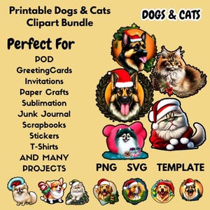 Modern Printable Christmas Clipart SVG, Christmas Dog PNG Sublimation Design, Cute Dog and Cat Clipart Template for Gifting