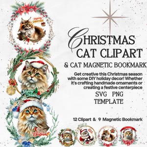 Niedliches magnetisches Lesezeichen SVG PNG Vorlage mit pelzigem Aufkleber Katze Clipart Bundle, Weihnachtslesezeichen für Urlaub Bastel & Geschenkideen