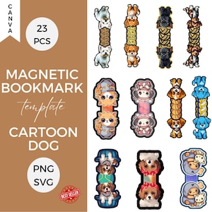 Modernes digitales magnetisches Lesezeichen SVG, Cartoon-Lesezeichenhalter PNG-Set, bearbeitbare Buchseitenhaltervorlage für Kinder, Lehrer, Buchliebhaber