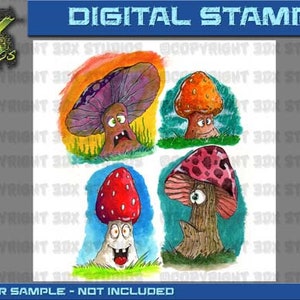 Digital Stamp Instant Download Toon Mushrooms image 2