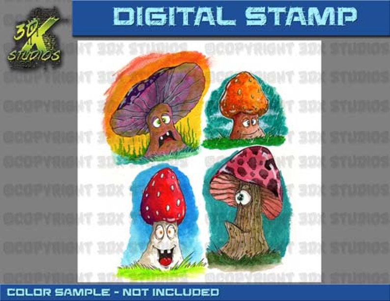 Digital Stamp Instant Download Toon Mushrooms image 2