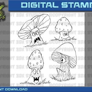 Digital Stamp Instant Download Toon Mushrooms image 1