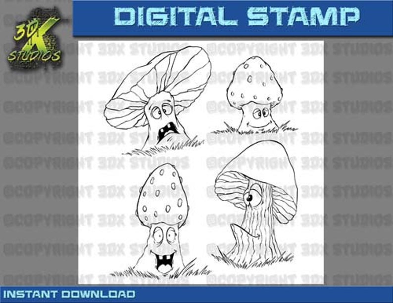 Digital Stamp Instant Download Toon Mushrooms image 1