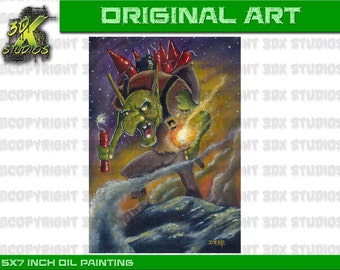 Original Fantasy Art Oil Painting Goblin Bomber 5 x 7