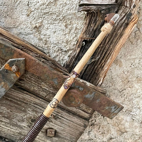 Hand-carved wooden witch's wand, quartz crystal, leather, copper. Wicca wand, magic wand, pagan rituals wand