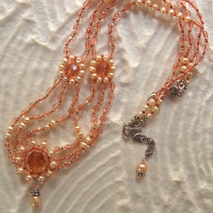 Hand knotted peach fresh water pearls, Czech fire polished glass, Swarovski crystal and Bali sterling silver beaded necklace image 2