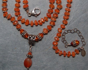 Hand knotted natural carnelian gemstone beads, Swarovski crystal and Bali sterling silver beaded necklace