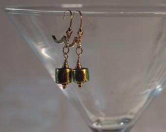 Yellow, lime, orangy dichroic glass beads and 14kg filled beaded lever back pierced earrings
