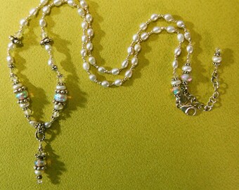 Hand knotted light lemon fresh water pearls and Dichroic glass with Bali sterling silver beaded necklace