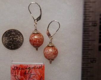 Marbled red on light tan Czech Picasso glass and Bali sterling silver beaded pierced earrings
