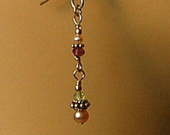 Peach fresh water pearls, semi precious garnets and faceted semi precious peridot with Bali sterling silver beaded pierced earrings