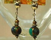 Turquoise, golds, indigo round semi precious jasper, golden fresh water pearls and Bali sterling silver beaded non pierced earrings