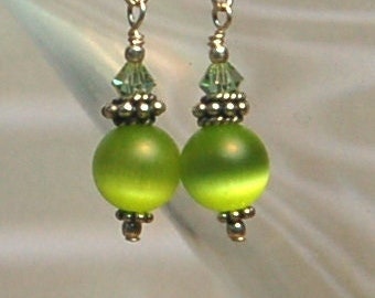 Lime green Cat's Eye glass, Swarovski crystal and Bali sterling silver beaded pierced earrings