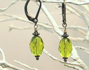 Lime green Czech glass beads and Bali sterling silver lever back pierced earrings