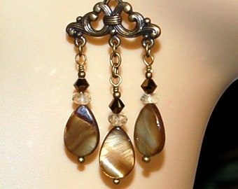Cognac quartz, Swarovski crystal, shell drops and solid brass beaded pierced earrings