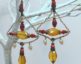 Hand knotted seed pearls, red coral, Chalcedony and Bali sterling silver earrings.