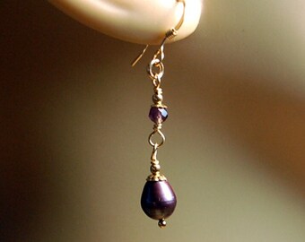 Amethyst gemstone, fresh water pearl and 14kg filled beaded pierced earrings