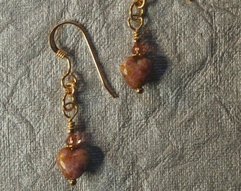 Valentine's heart glass earrings and 14k gold filled ear wires