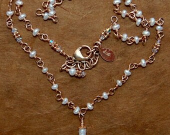 Gold filled wire wrapped delicate creamy white fresh water pearl necklace