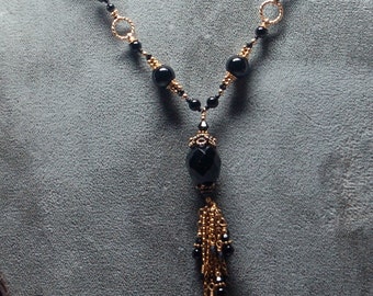 Hand knotted vintage black Swarovski crystal, onyx, 14kt gold vermeil beads and 14kt filled beaded necklace