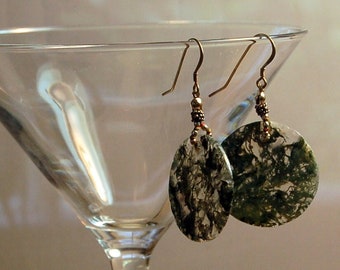 Moss Agate and Bali sterling silver  pierced earrings