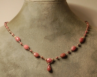 Natural Pink Rhodonite and Bali sterling silver beaded necklace