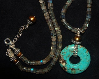 Hand knotted Tibetan Turquoise and fresh water pearls with semi precious Labradorite beaded necklace