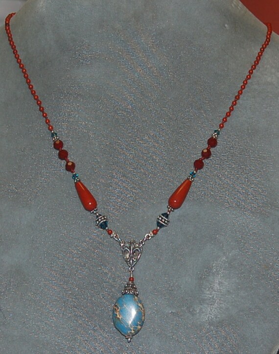 Hand Knotted Semi Precious Red Jasper, Imperial Jasper Pendant and
