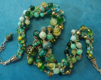 Blue, teal and green gemstones, fresh water pearls, Bali sterling silver beaded 5 strand hand knotted necklace
