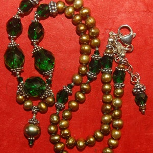 Vintage Emerald green, golden fresh water pearls and Bali sterling silver necklace image 5