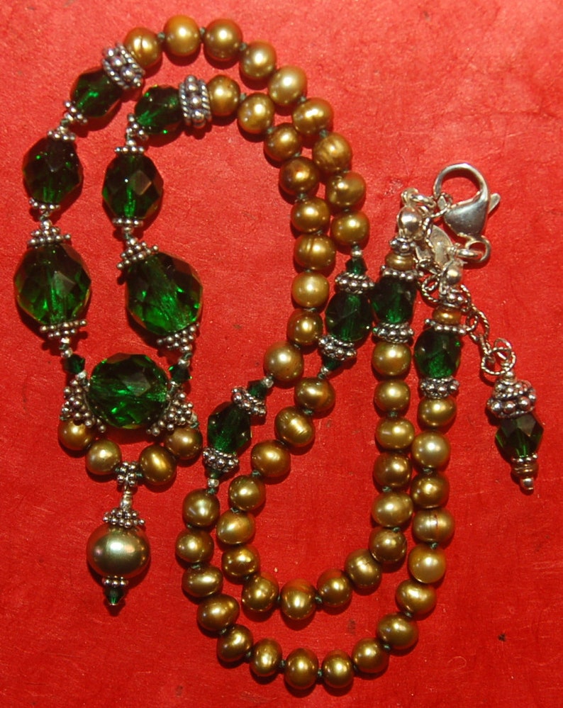 Vintage Emerald green, golden fresh water pearls and Bali sterling silver necklace image 5
