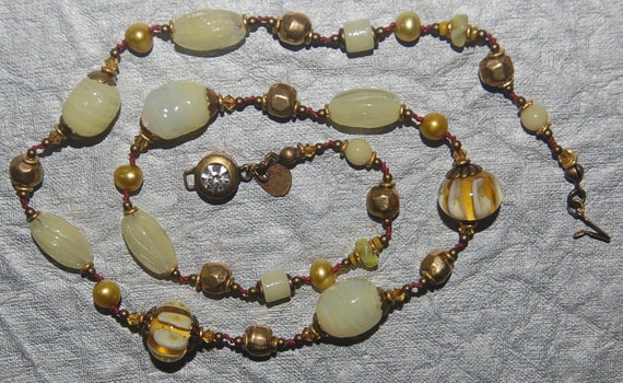 Collier Vintage Perles Jaune Citron à Facettes - 2 Rangs Décroissants - N°378 - Occasion Bon état