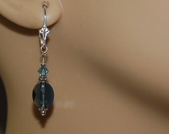 Blue faceted Swarovski crystals and Bali sterling silver beaded sterling silver lever back earrings for pierced ears