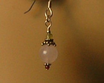 Rose quartz, peridot, garnet and Bali sterling silver beaded pierced earrings