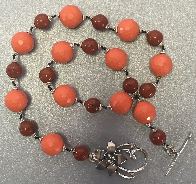 gorgeous 925 sterling silver flower toggle clasp necklace red jasper sterling silver beads Hand knotted semi precious orange jade