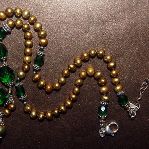 Vintage Emerald green, golden fresh water pearls and Bali sterling silver necklace image 10