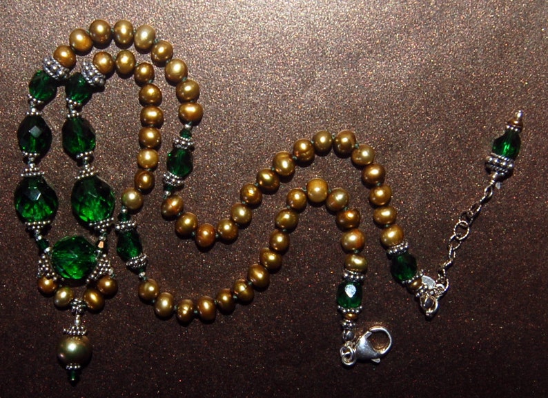 Vintage Emerald green, golden fresh water pearls and Bali sterling silver necklace image 10