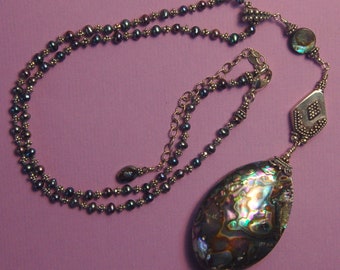 Abalone and peacock gray fresh water pearl necklace