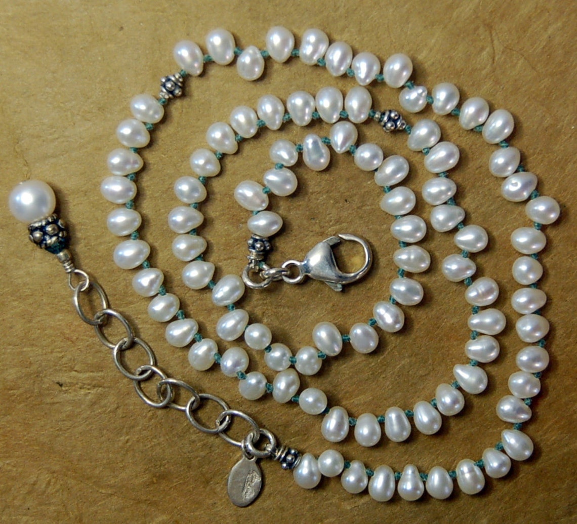 Hand Knotted Tip Drilled Creamy White Fresh Water Pearls and Bali ...