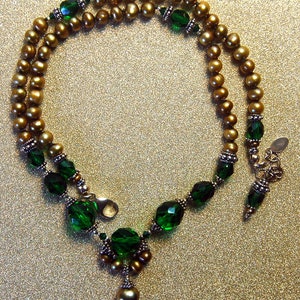 Vintage Emerald green, golden fresh water pearls and Bali sterling silver necklace image 1