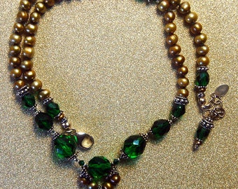 Vintage Emerald green, golden fresh water pearls and Bali sterling silver necklace