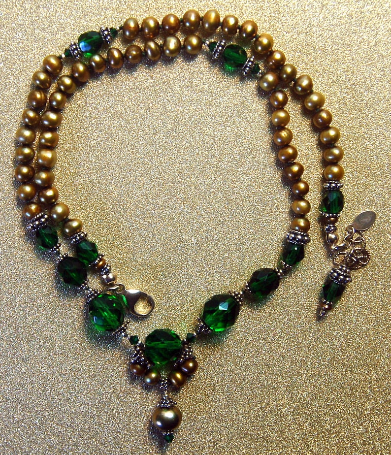 Vintage Emerald green, golden fresh water pearls and Bali sterling silver necklace image 1