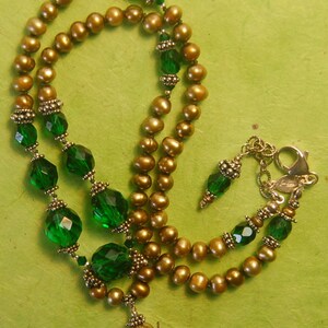 Vintage Emerald green, golden fresh water pearls and Bali sterling silver necklace image 8