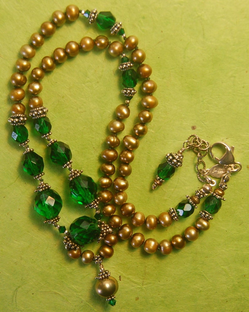 Vintage Emerald green, golden fresh water pearls and Bali sterling silver necklace image 8