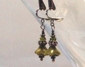 Chartreuse flower Czech glass and Bali sterling silver beaded clip on earrings